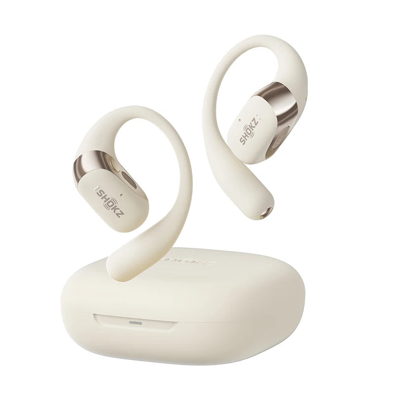 White wireless earbuds with charging case on a white background