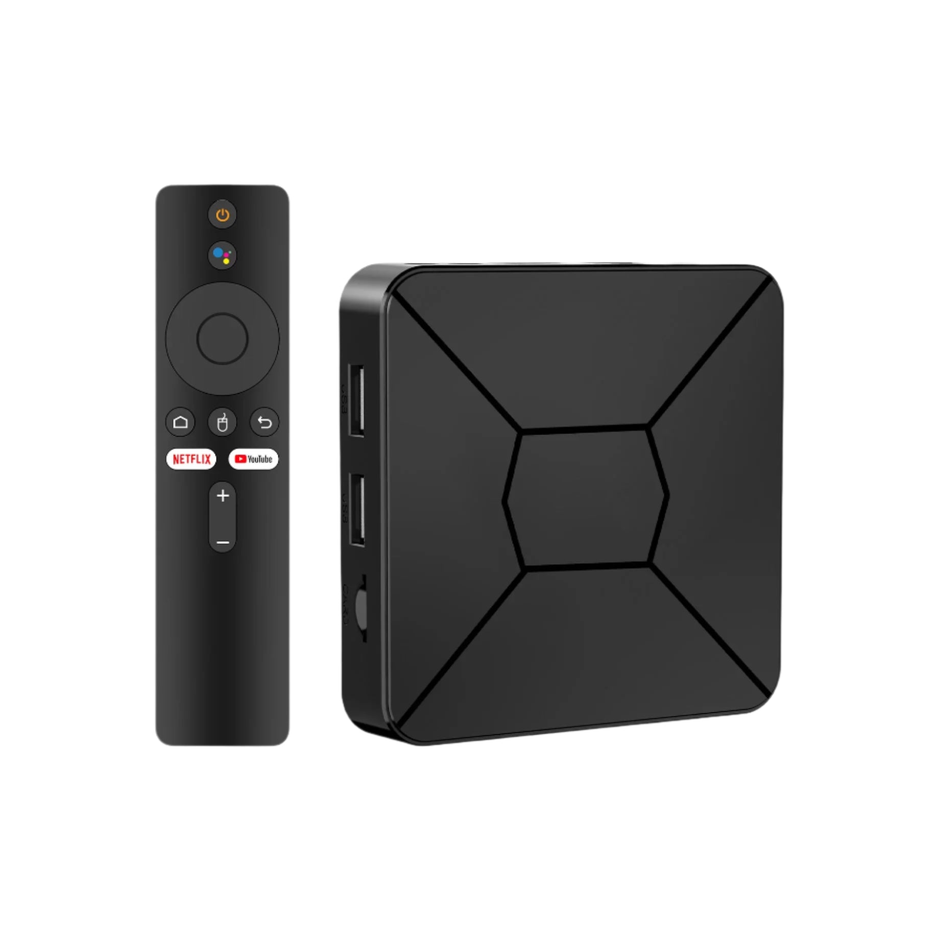 Black electronic device with remote control on a white background, featuring 2GB RAM and 8GB ROM.
