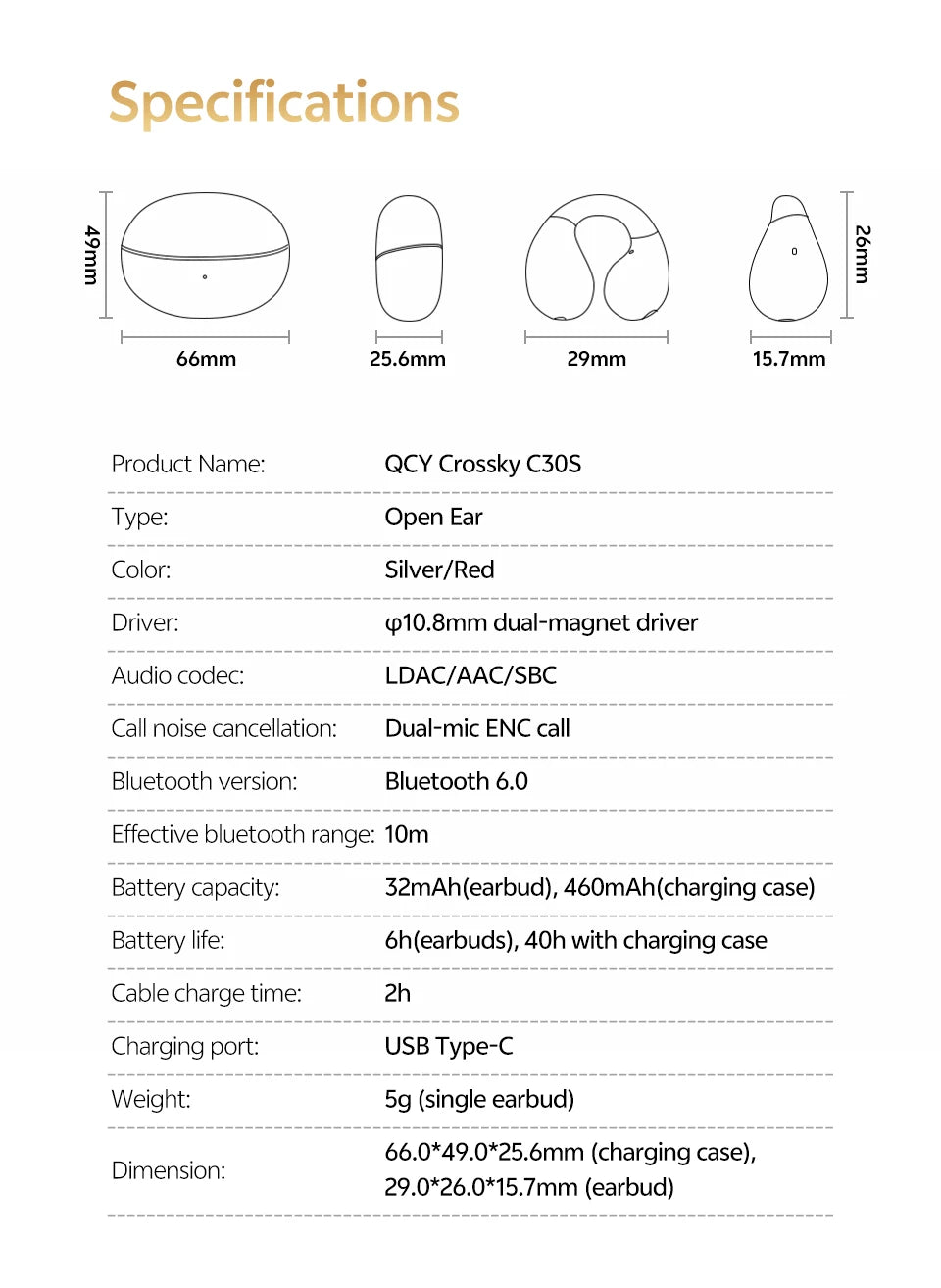 QCY Crossky C30S Clip-on Open Ear Wireless Bluetooth Earbuds