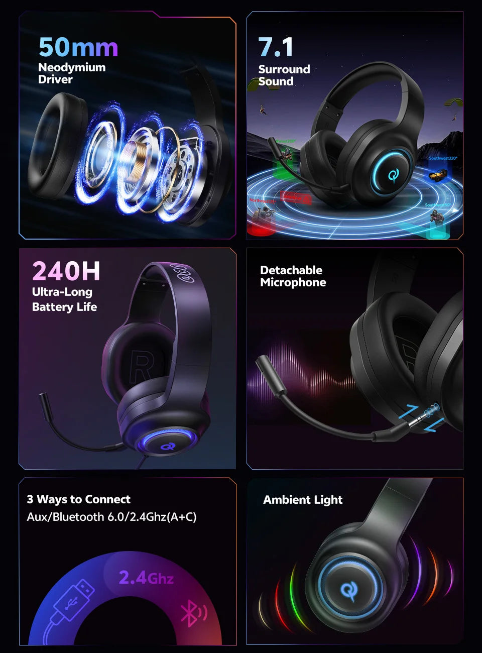 QCY Heroad V200 RGB Bluetooth Wireless Gaming Headphones