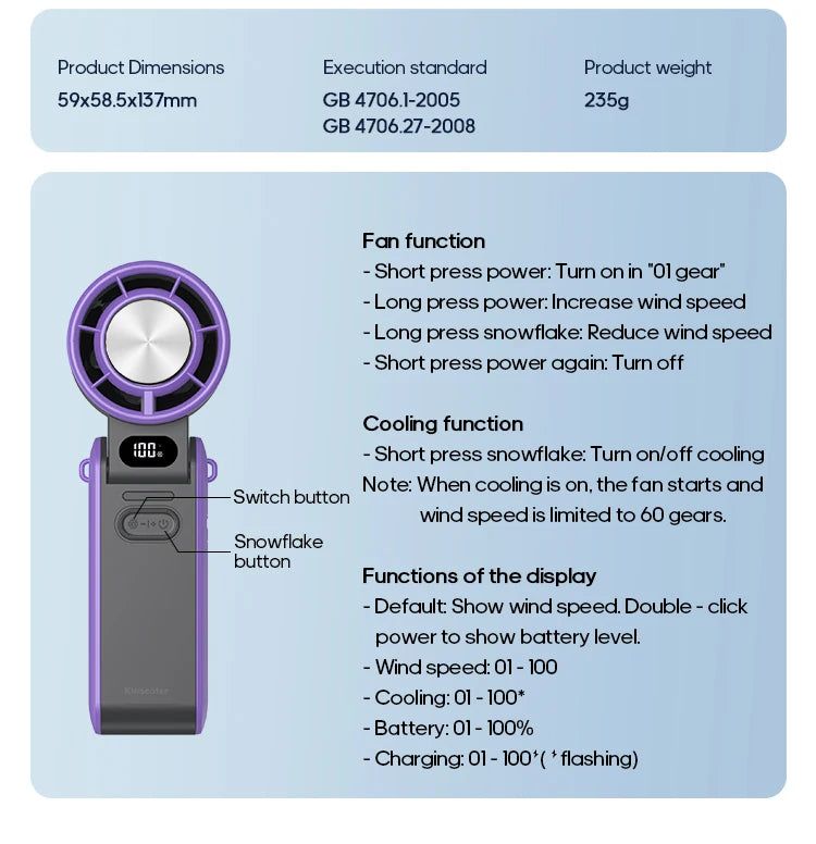 KINSCOTER F53K Rechargeable Portable Handheld Fan