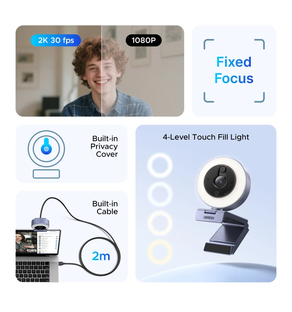 UGREEN 2K Ultra HD Streaming Webcam with Built-In Light