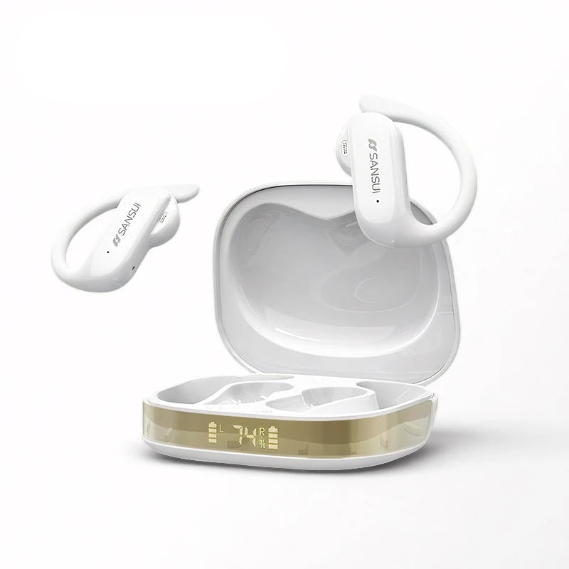 White wireless earbuds with charging case on a white background, featuring the Sansui brand.
