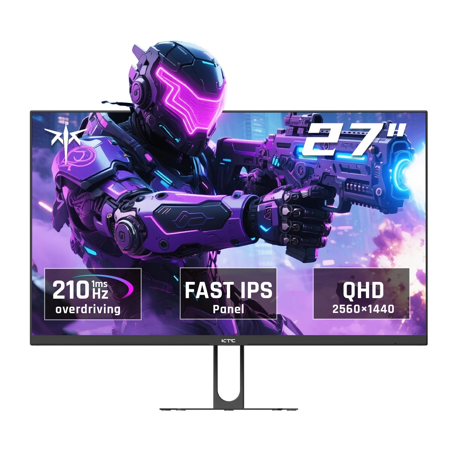 Gaming monitor with a futuristic character design on the screen, featuring text about display specifications.
