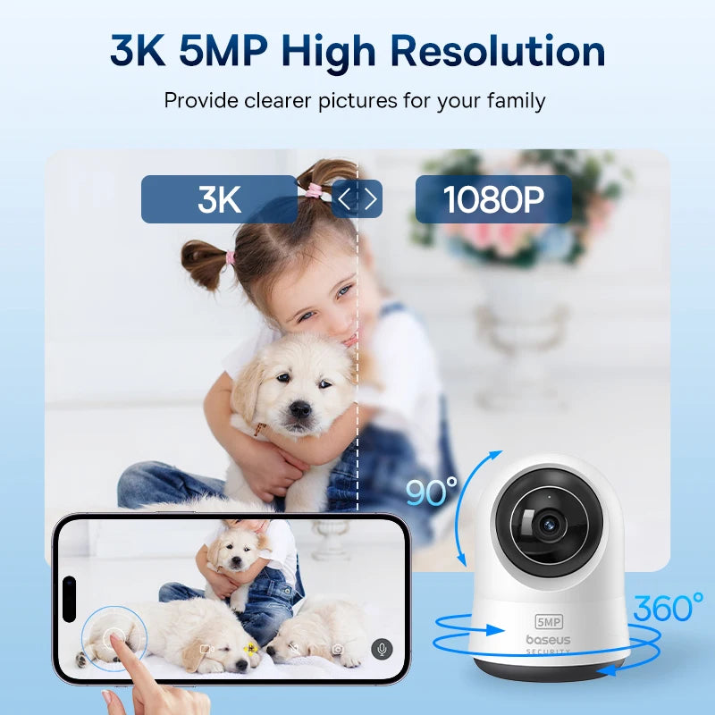 Camera with 3K and 1080P resolution display, showing a child and dog, with a clear picture on a smartphone.
