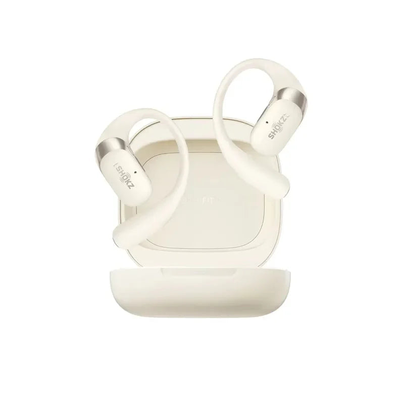 White wireless earbuds with charging case on a white background