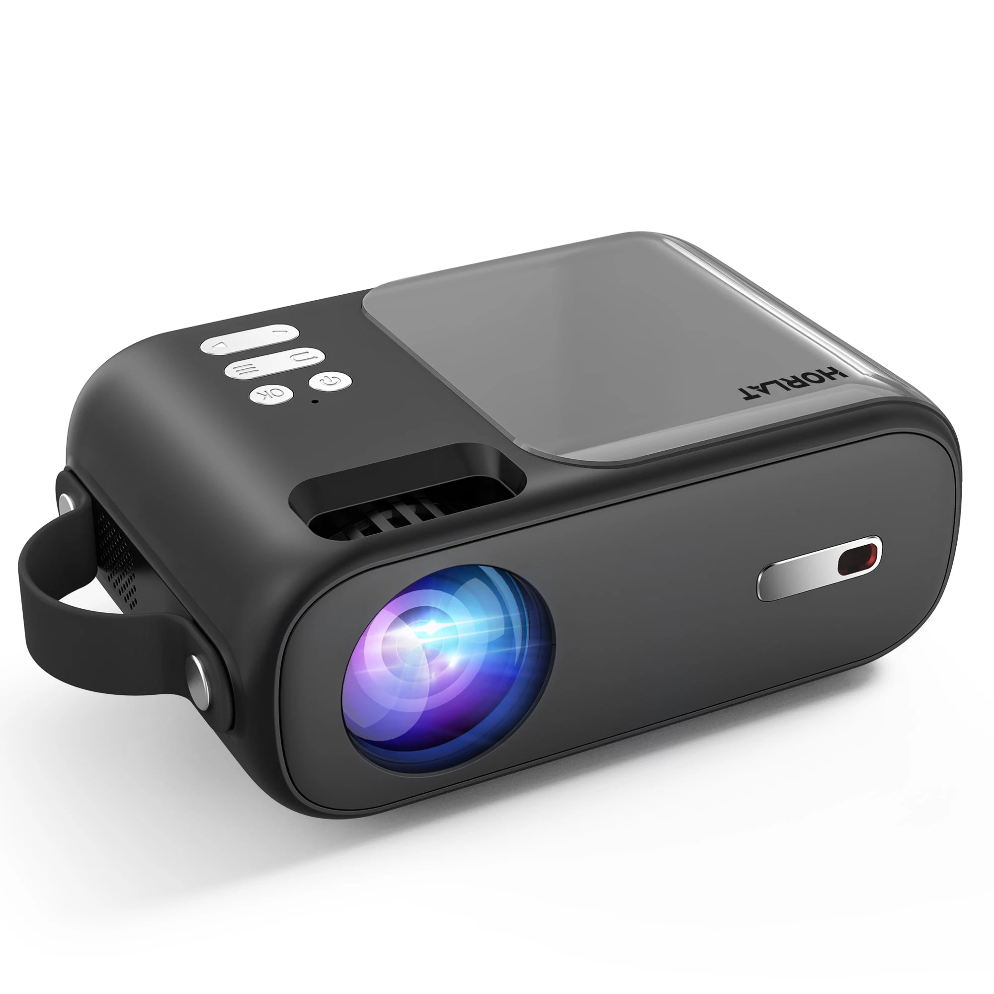 Black portable projector with visible HORLAT branding on a white background