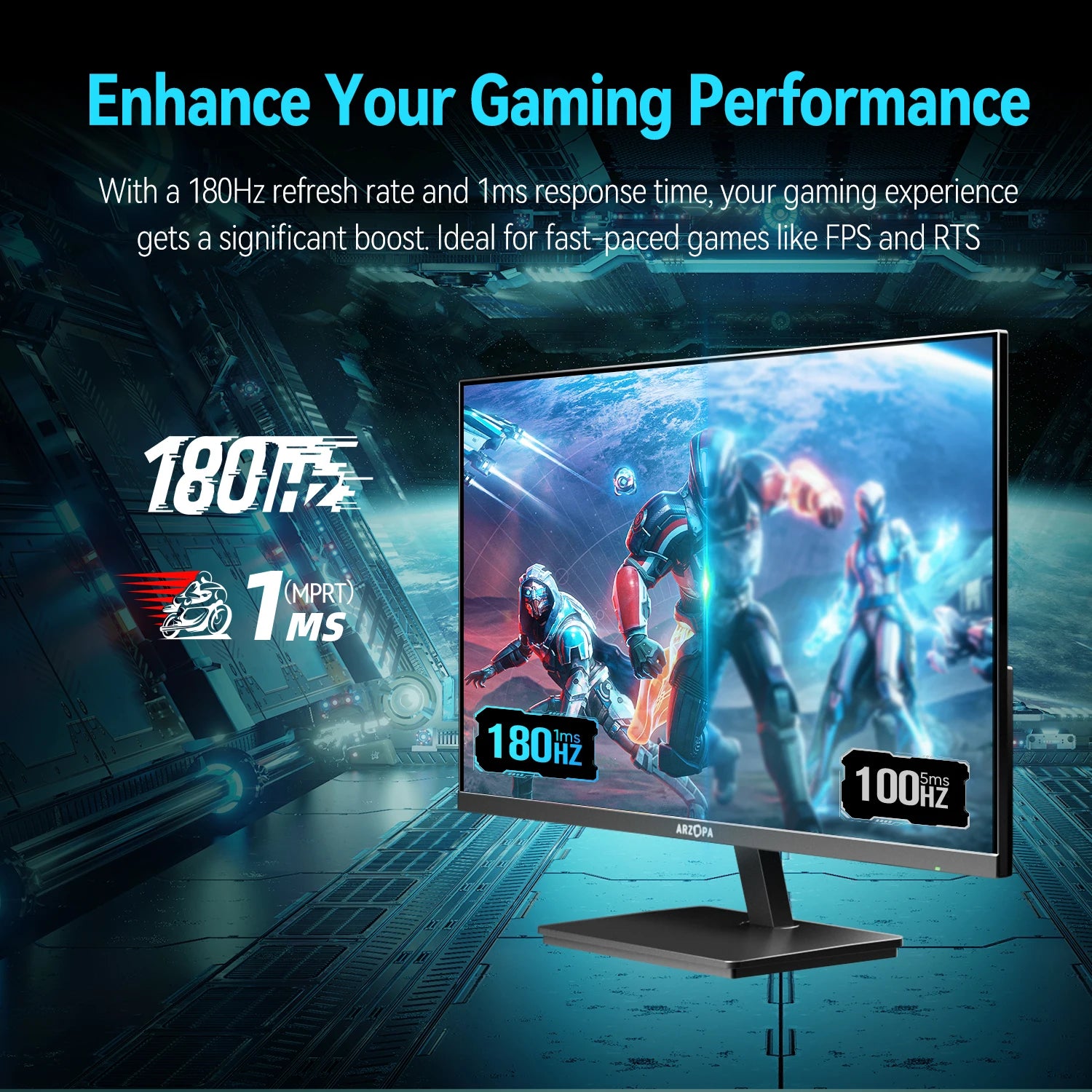 Gaming monitor with 180Hz refresh rate and 1ms response time on a dark background
