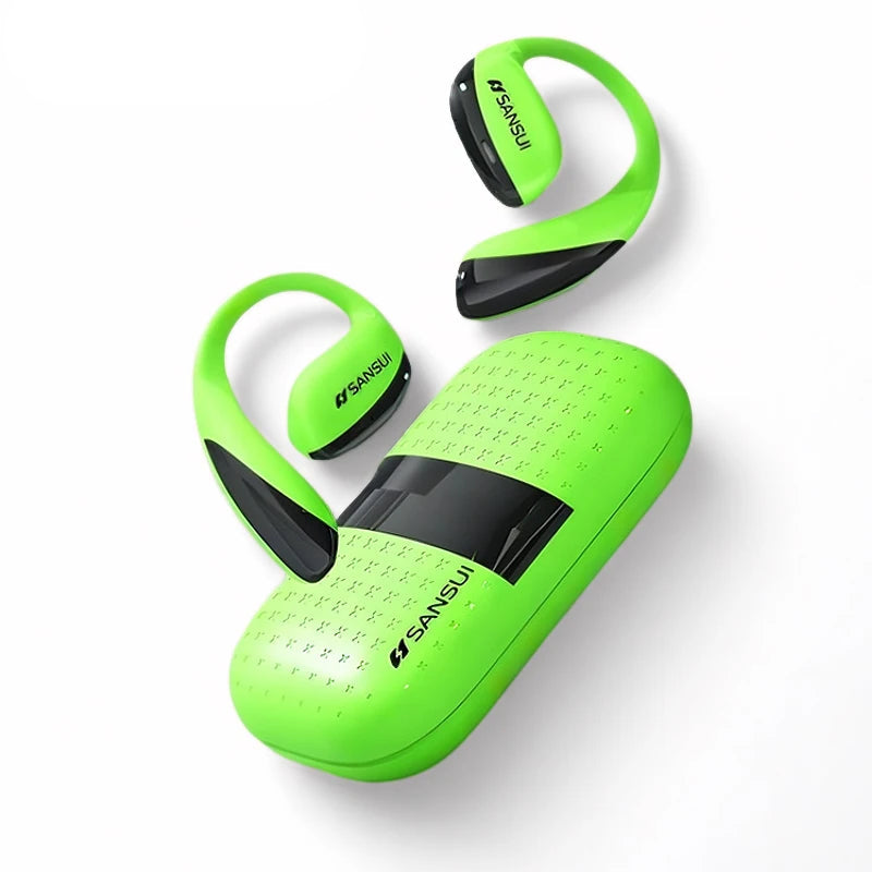 Green wireless earbuds with charging case on a white background, featuring the Sansui brand.