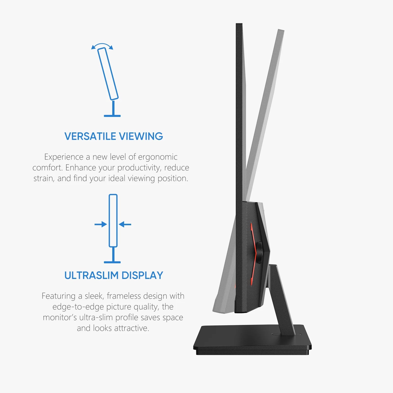 Ergonomic monitor stand with text on versatile viewing and ultra-slim display features.