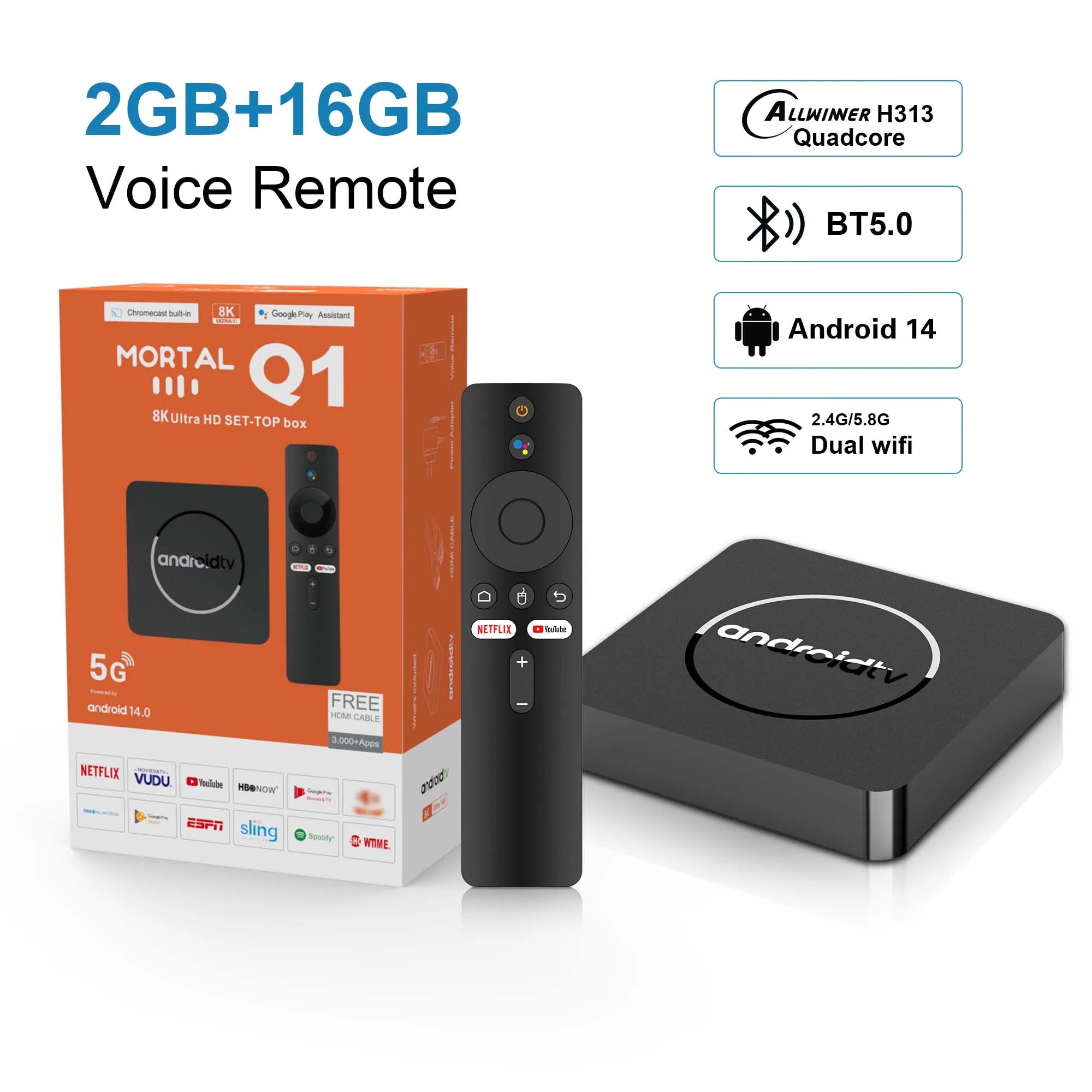 MORTAL Q1 4K Android TV Box with Google Assistant