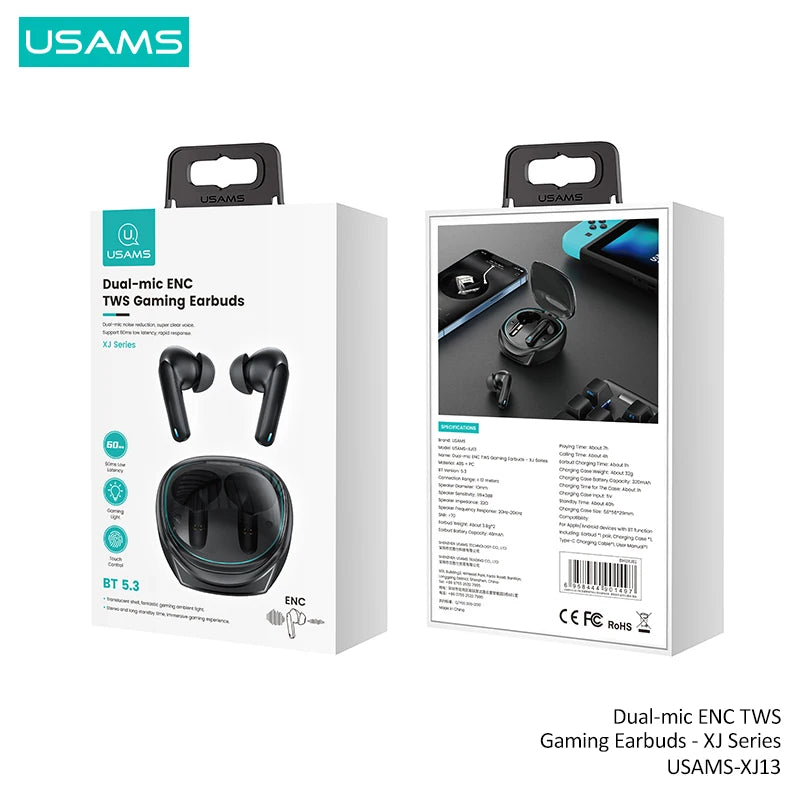 Experience immersive gaming with the USAMS XJ13 TWS Bluetooth Wireless Gaming Earbuds. Enjoy lag-free audio, ergonomic design, and long-lasting battery life for unbeatable performance.