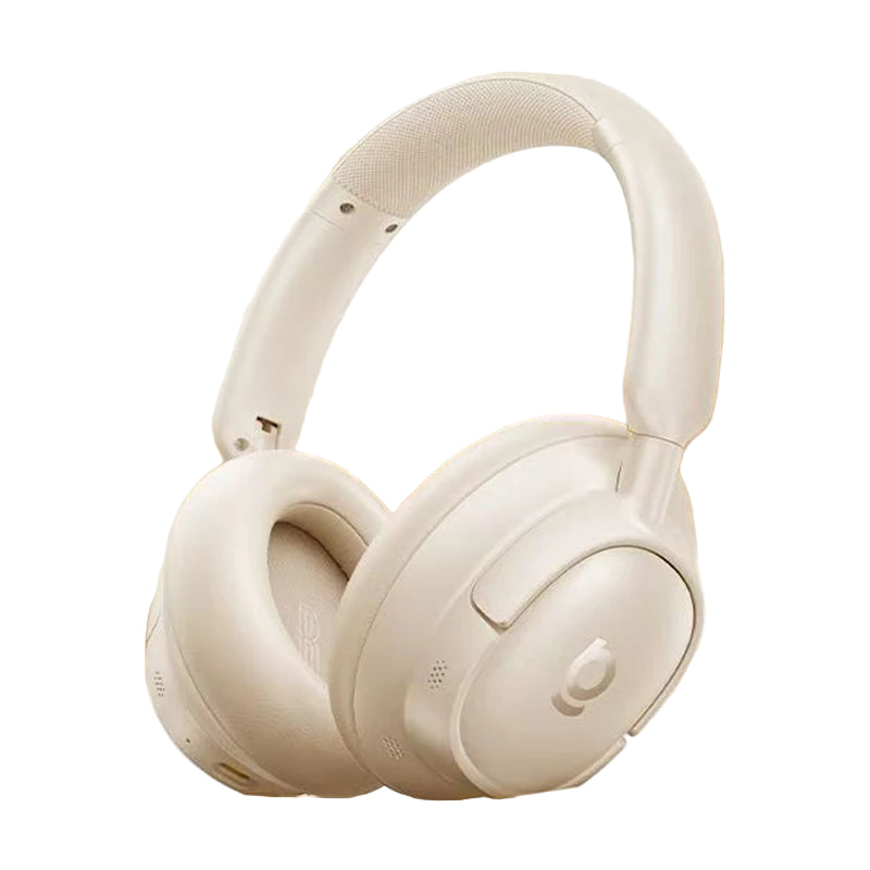 White headphones with Baseus logo on a beige background