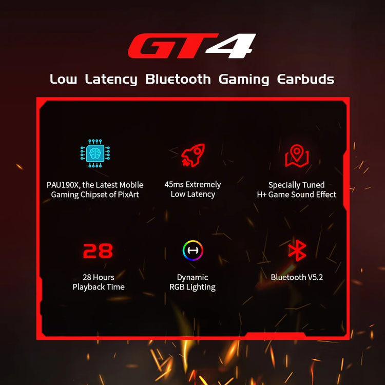 The EDIFIER GT4 Bluetooth Wireless Gaming Earbuds deliver immersive sound and low-latency performance. Enjoy high-quality audio and a comfortable fit for an enhanced gaming experience.