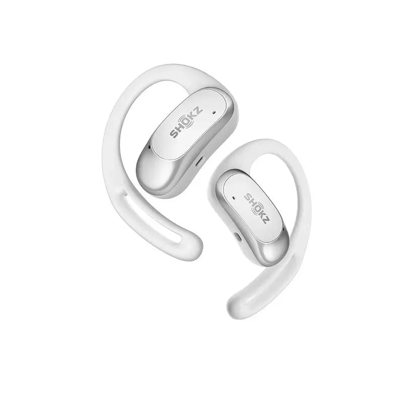 White Shokz bone conduction headphones on a white background
