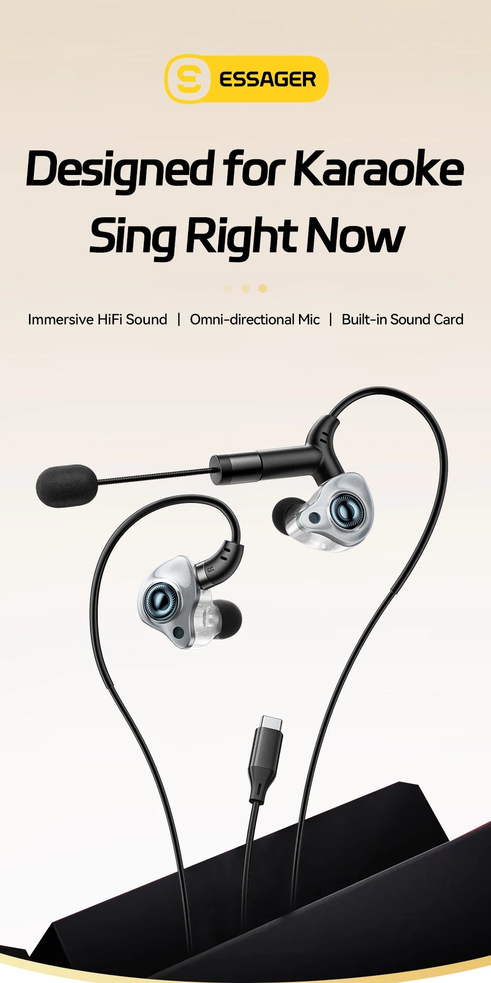 ESSAGER SK1 Karaoke Wired Earphones with Built-in Sound Card