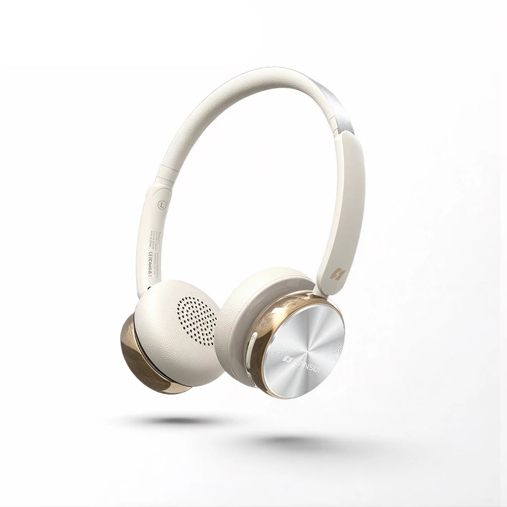White and gold headphones with 'Sansui' branding on a white background
