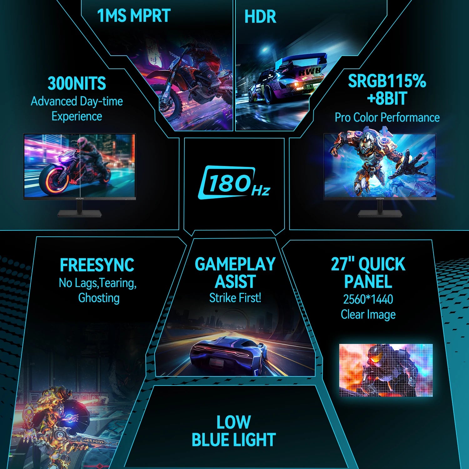 Display of a gaming monitor with various features highlighted on a dark background.