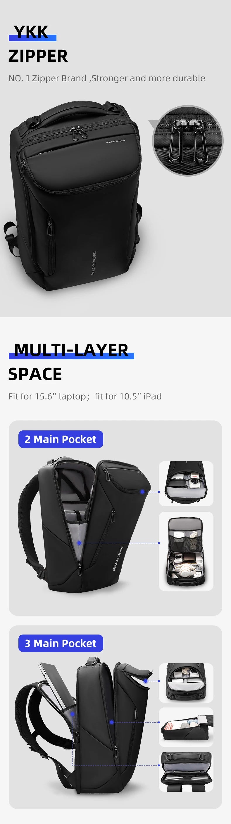 MARK RYDEN MR9031 Business Travel Backpack with USB Charging Port