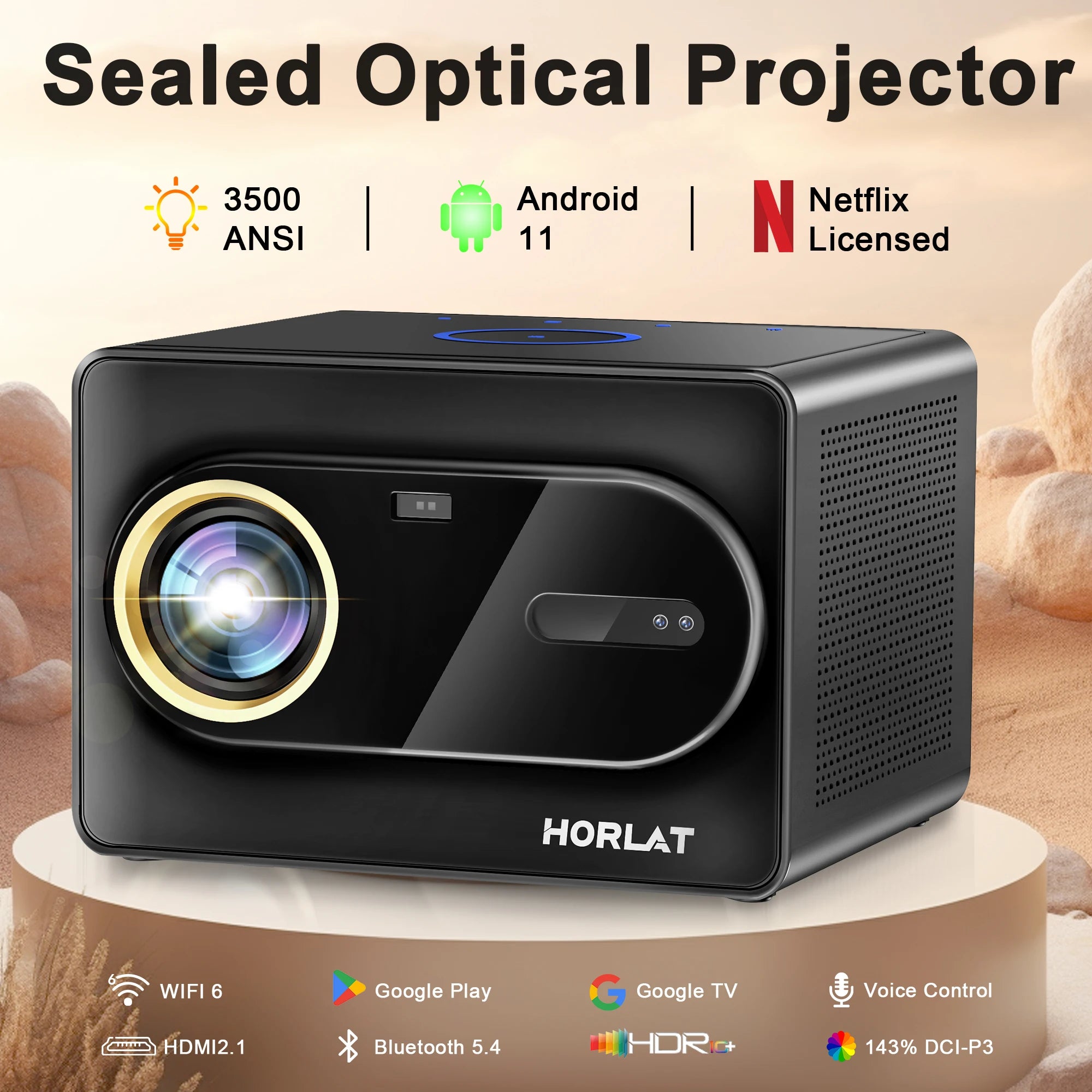 Sealed optical projector with HORLAT branding on a desert background
