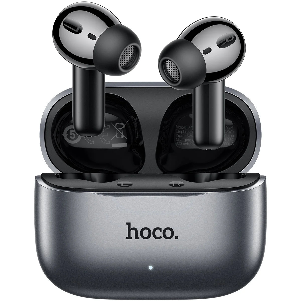 Black wireless earbuds with charging case on a white background, featuring the brand 'hoco'.