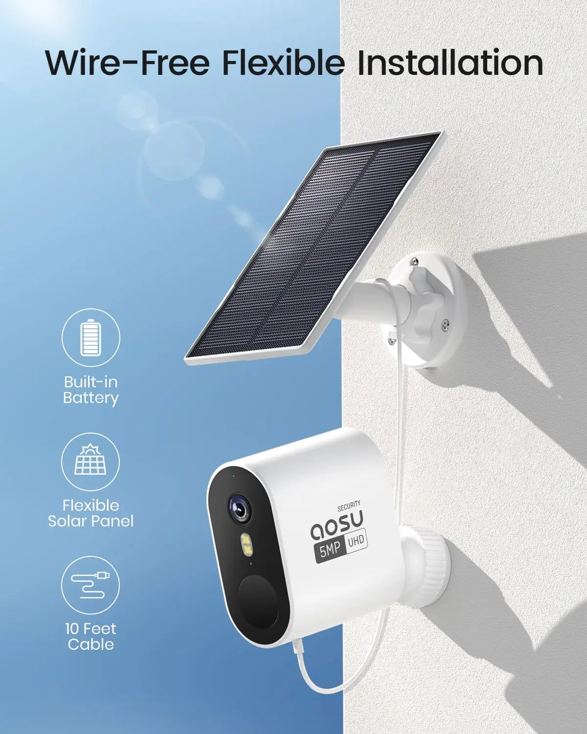 AOSU 3MP Solar Powered Wireless Home Security Smart Camera Kit - 2pk