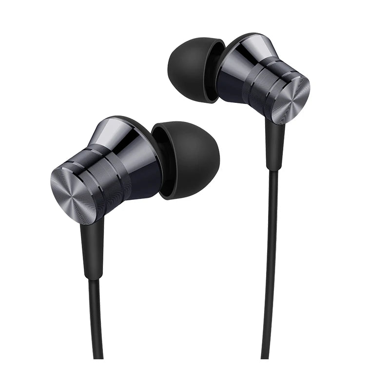 Pair of black and silver earphones on a white background