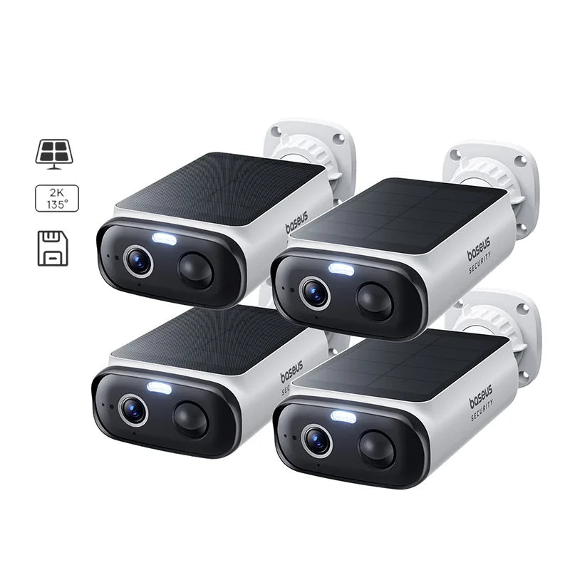 Four Baseus security cameras on a white background with the Baseus logo.