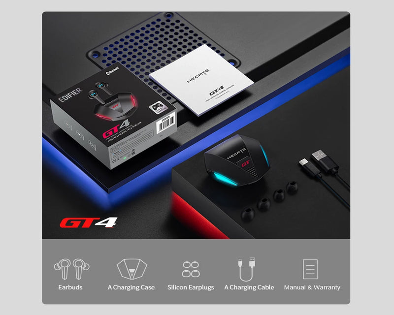 The EDIFIER GT4 Bluetooth Wireless Gaming Earbuds deliver immersive sound and low-latency performance. Enjoy high-quality audio and a comfortable fit for an enhanced gaming experience.