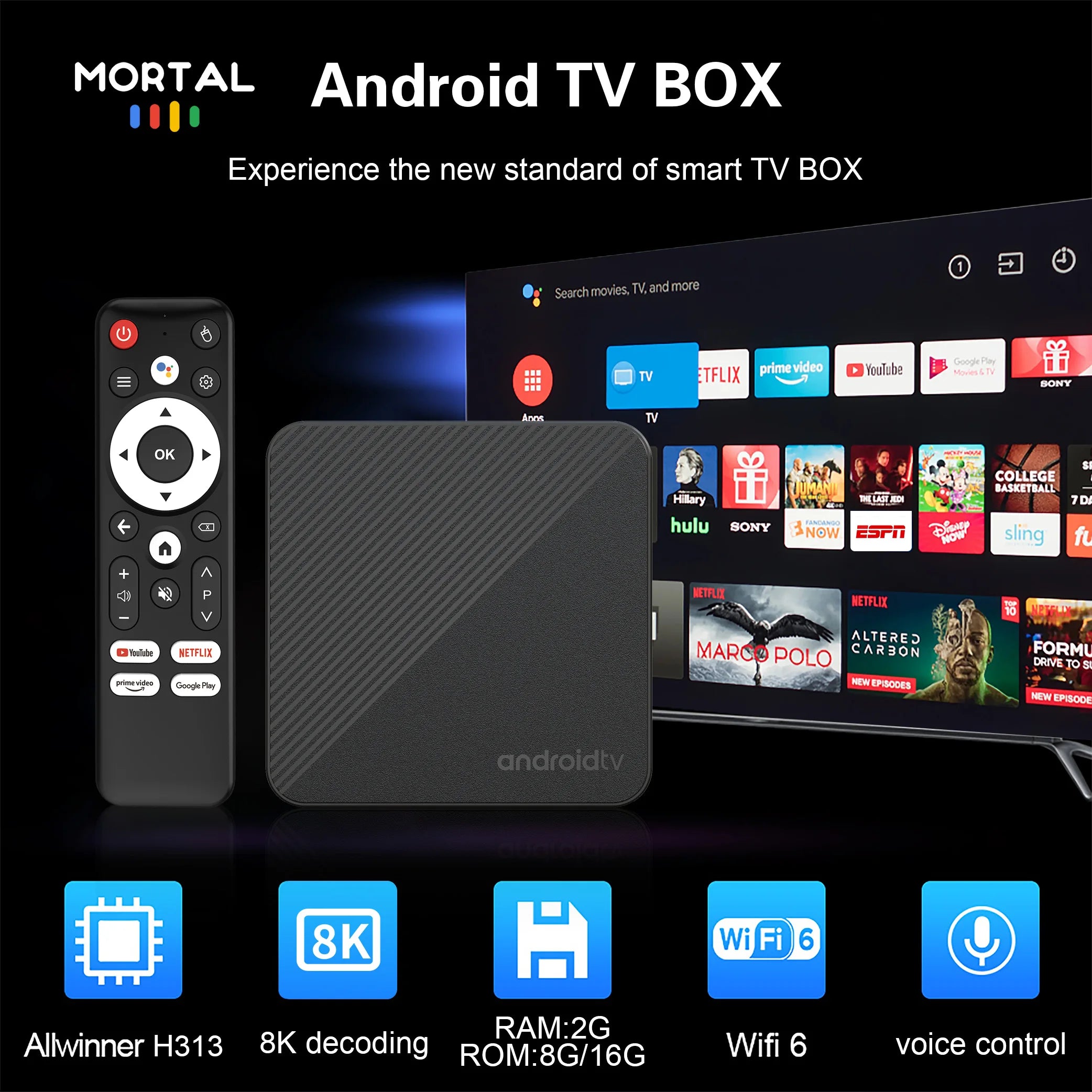 MORTAL T1S 4K Android TV Box with Google Assistant