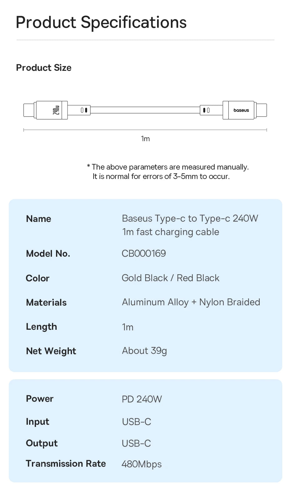 BASEUS Dura 240W Type-C to Type-C Charging and Data Cable
