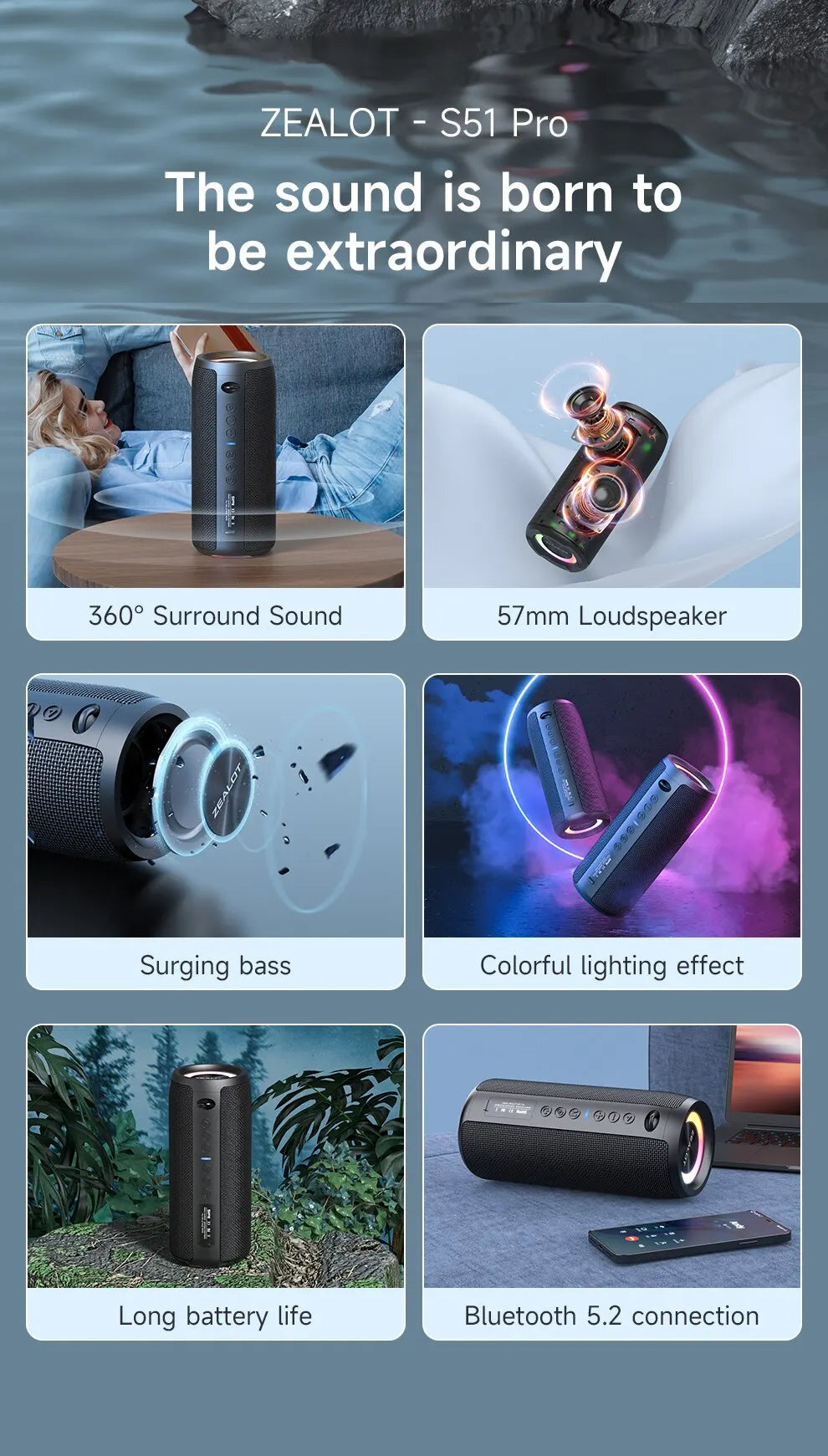 ZEALOT Draagbare Bluetooth Luidspreker met 40W stereogeluid, BassUp technologie, speeltijd van 30 uur, AUX, USB, Micro SD/TF-kaart, LED-verlichting, draadloze stereokoppeling en IPX6 waterdicht, zwart ZEALOT Draagbare Bluetooth Luidspreker met 40W stereogeluid, BassUp technologie, speeltijd van 30 uur, AUX, USB, Micro SD/TF-kaart, LED-verlichting, draadloze stereokoppeling en IPX6 waterdicht, zwart