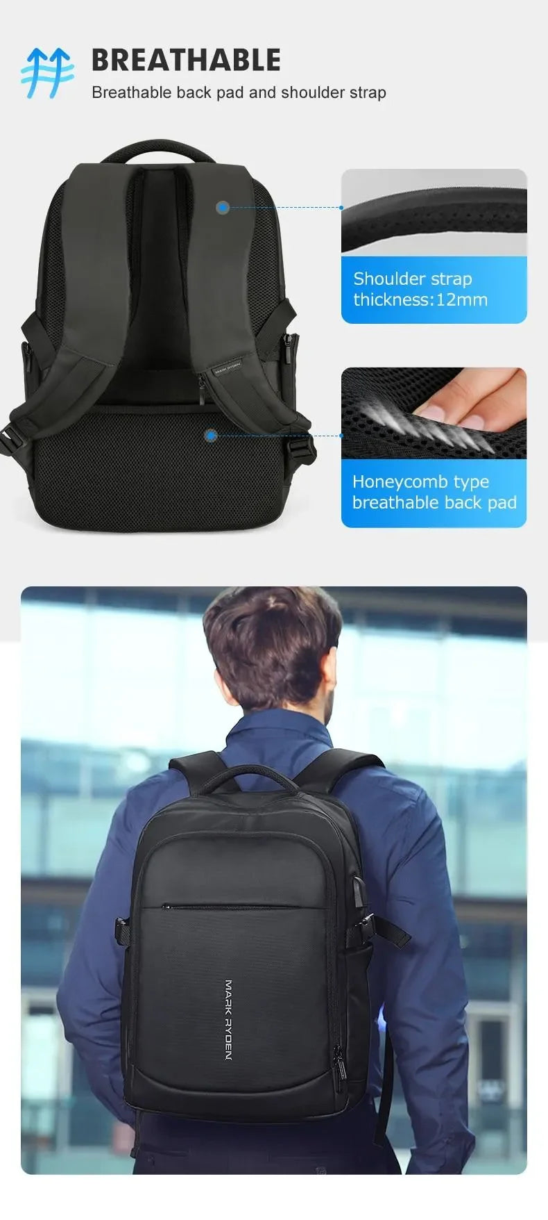 MARK RYDEN MR9191 Business Travel Backpack with USB Charging Port