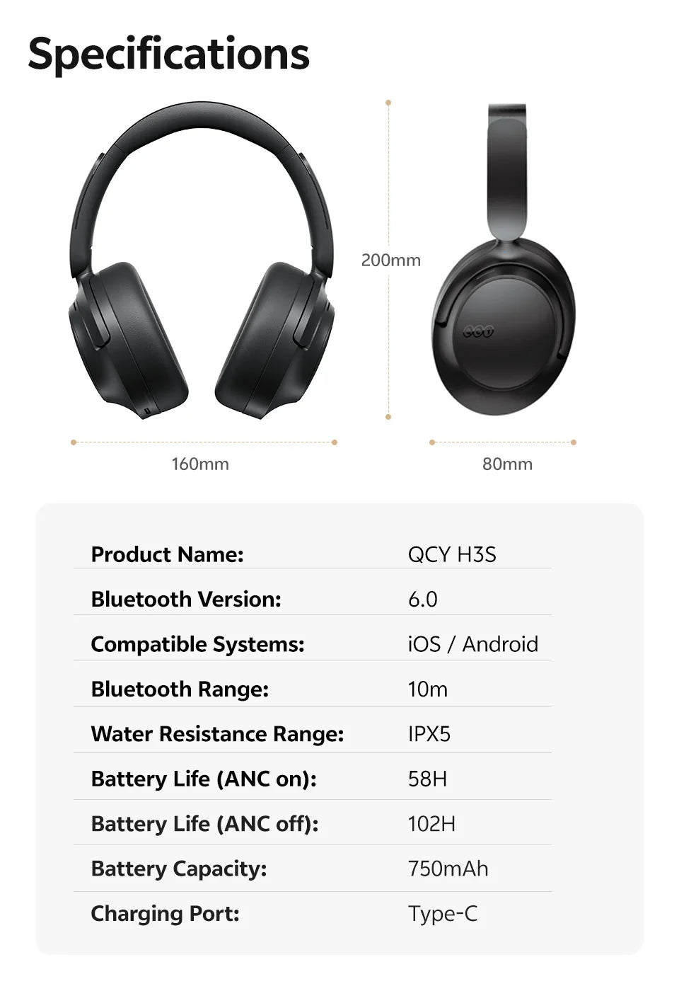 QCY H3S Adaptive Noise Cancelling Bluetooth Wireless Headphones