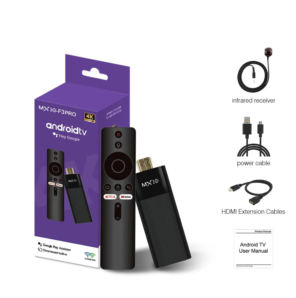 MXQ Android TV stick with packaging, remote control, and accessories on a white background