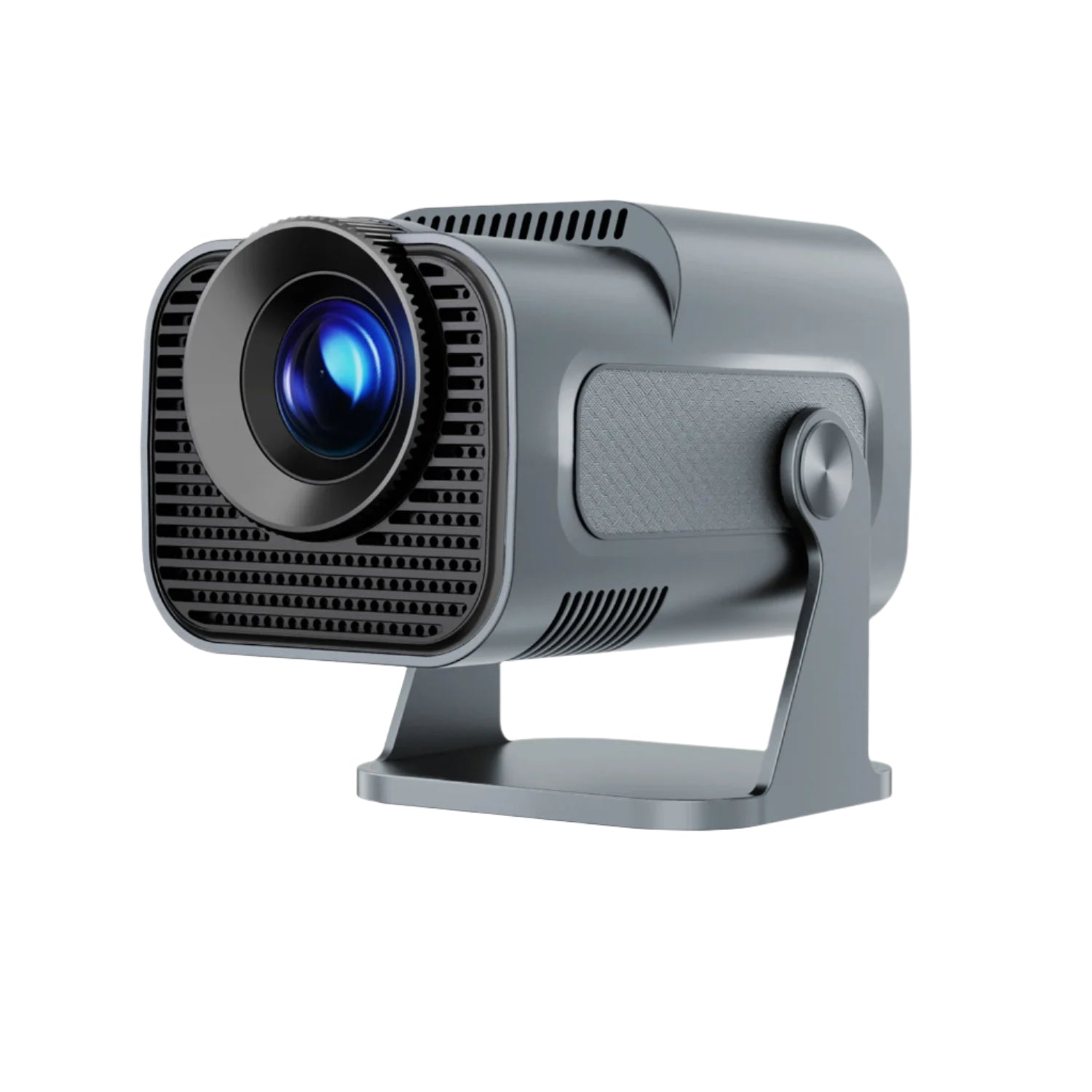 Grey projector with blue accent on a white background
