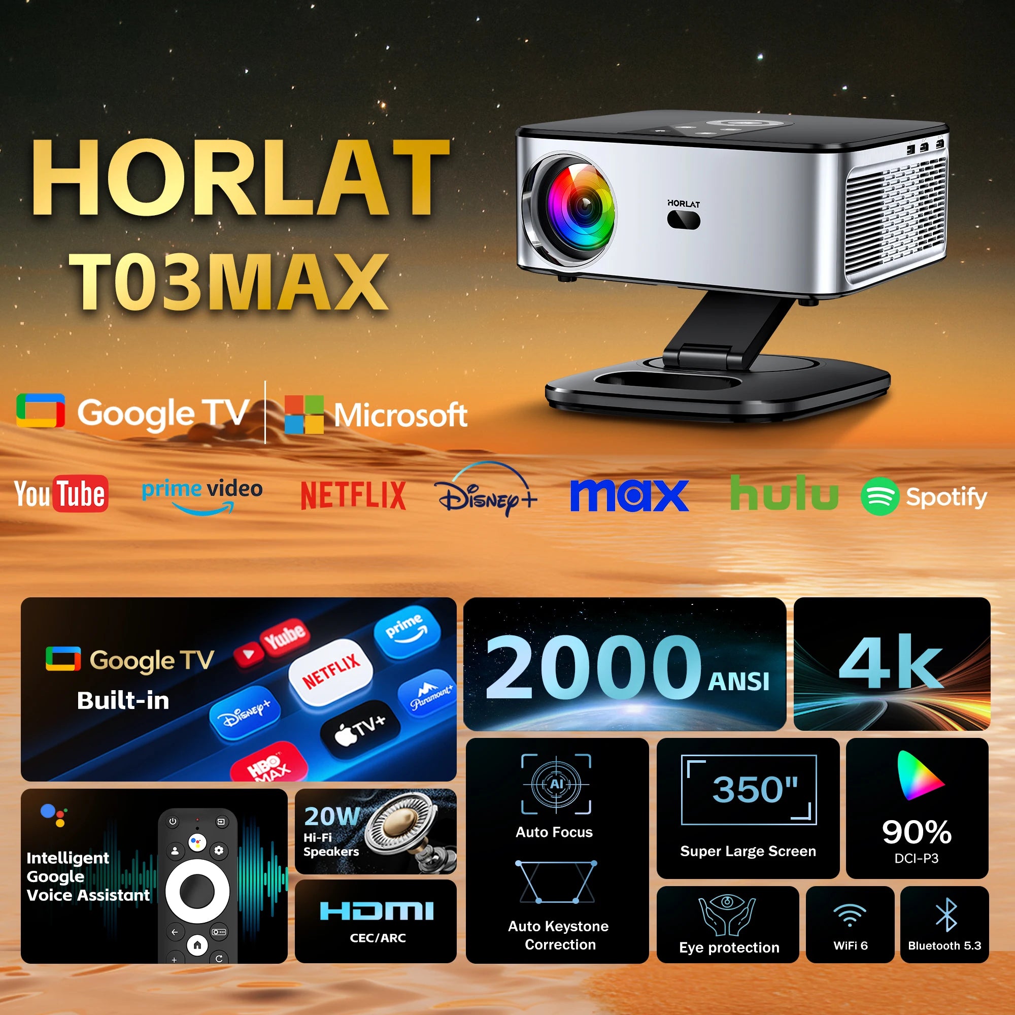 HORLAT T03 Max 40000 Lumens 4K UHD Smart Home Cinema Projector & Stand