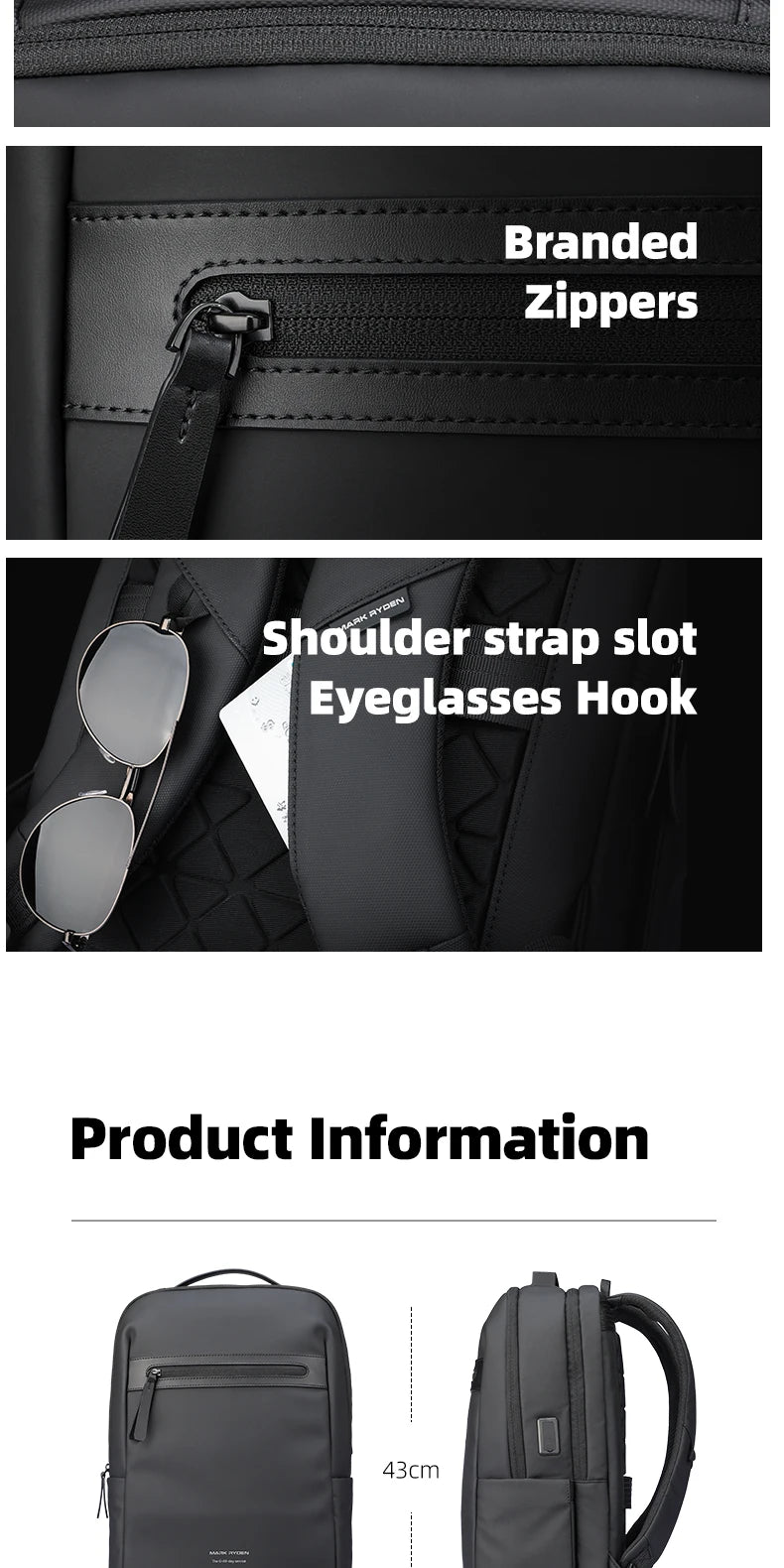 MARK RYDEN MR6075 Business Travel Backpack with USB Charging Port