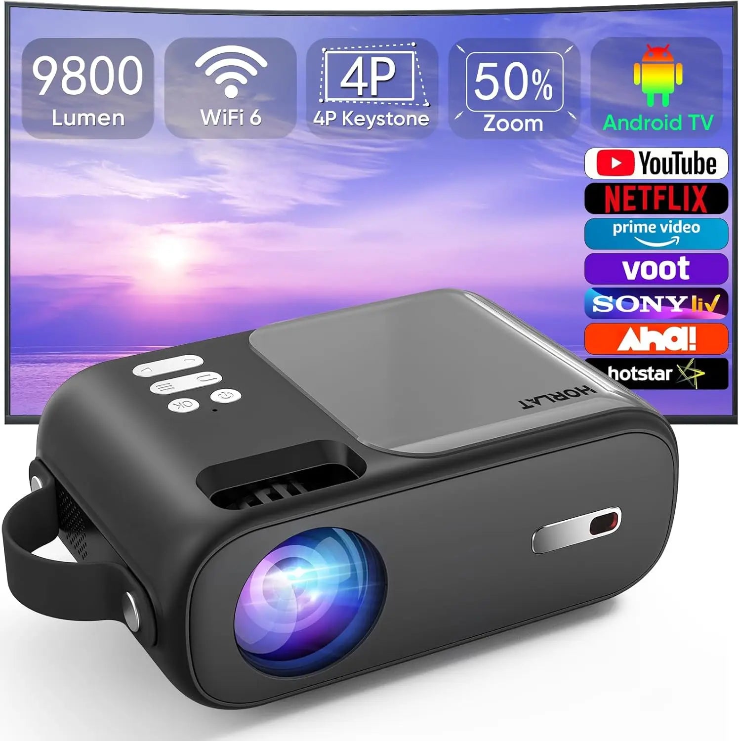 HORLAT 9800 Lumens Smart Home Cinema Mini Projector
