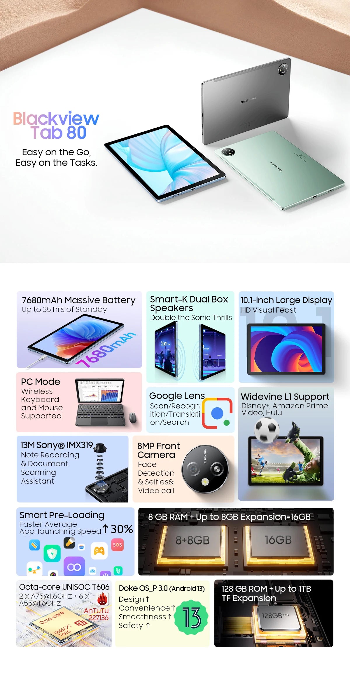 BLACKVIEW Tab 80 WiFi 10.1" HD Android Tablet - 128GB
