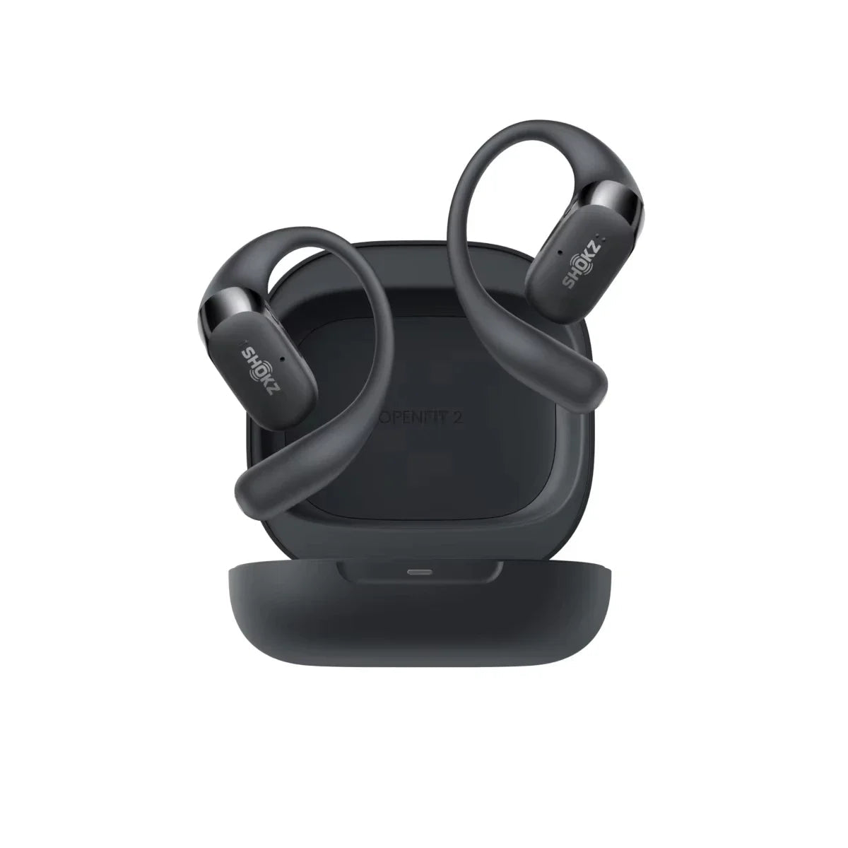 Shokz New OpenFit 2 earbuds with charging case on a white background