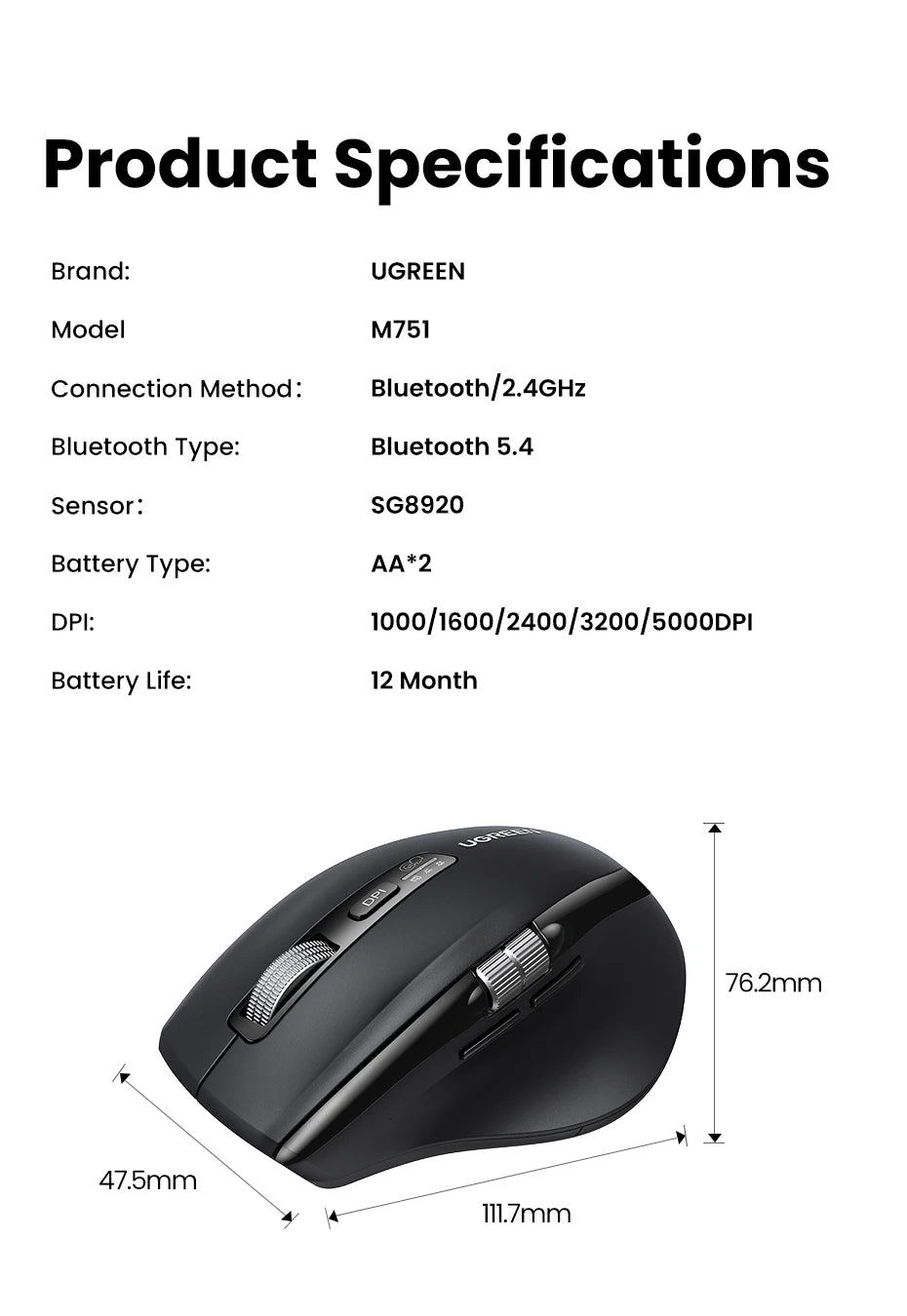 UGREEN M751 Hyper-Fast Scroll Bluetooth Wireless Mouse