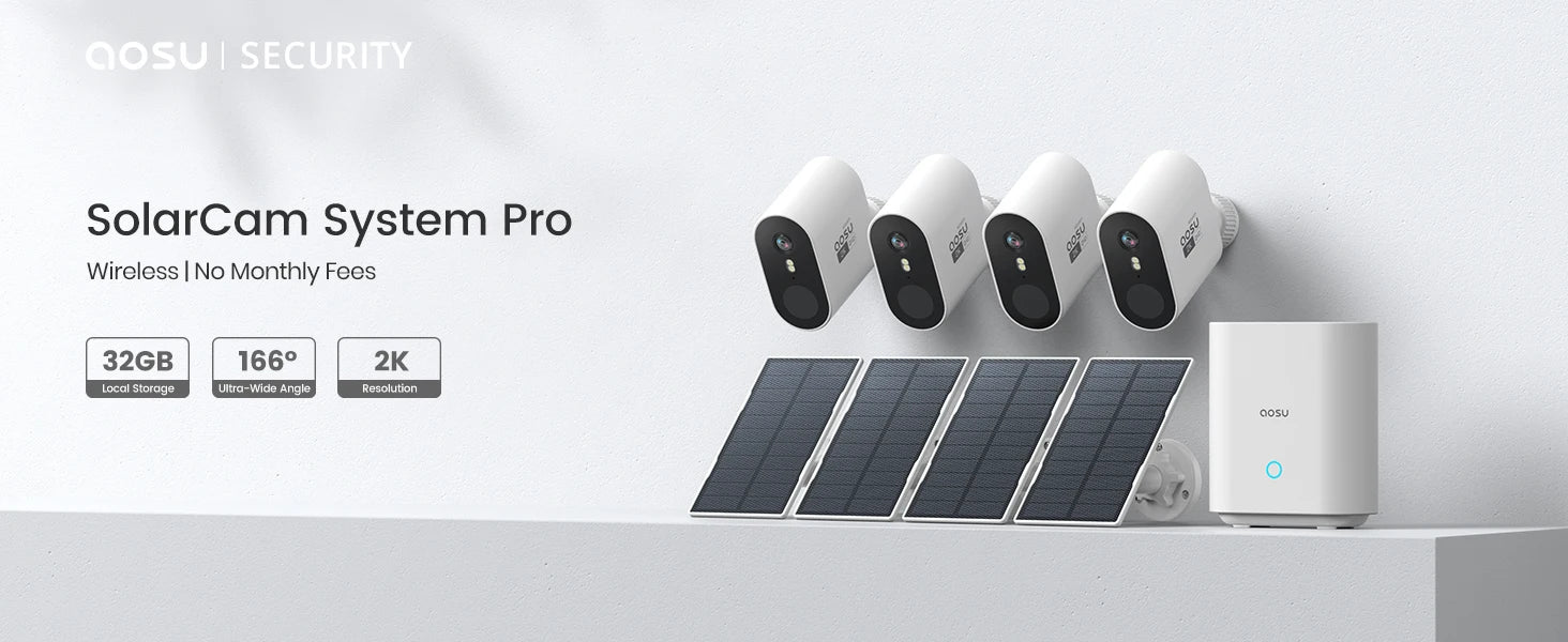 AOSU 3MP Solar Powered Wireless Home Security Smart Camera Kit - 2pk
