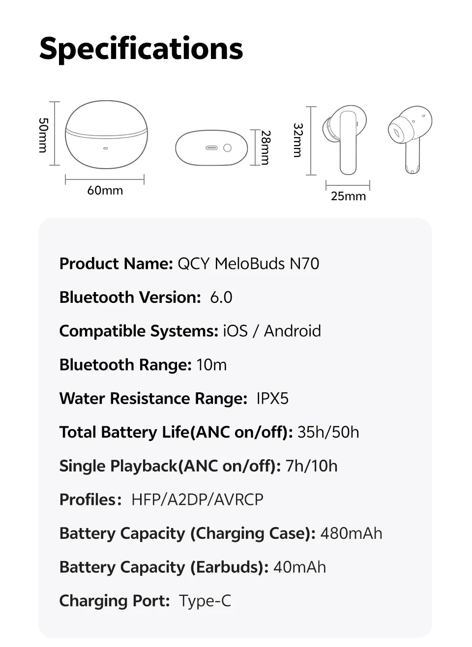 QCY MeloBuds N70 Adaptive Noise Cancelling Bluetooth Wireless Earphones