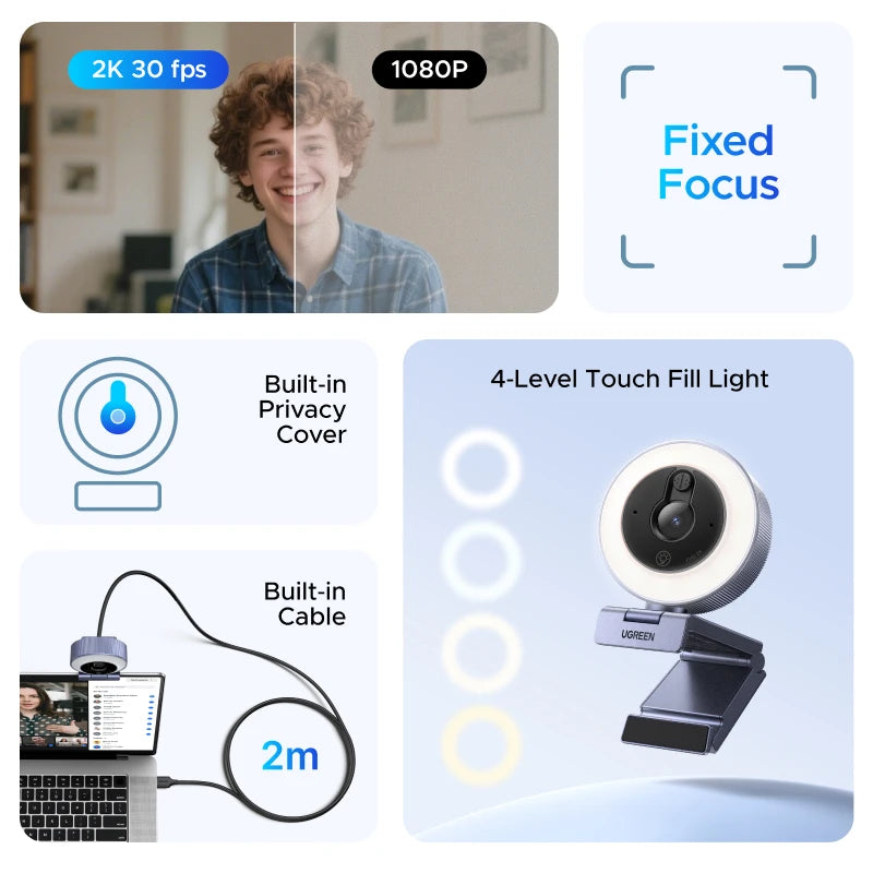UGREEN 2K Ultra HD Streaming Webcam with Built-In Light