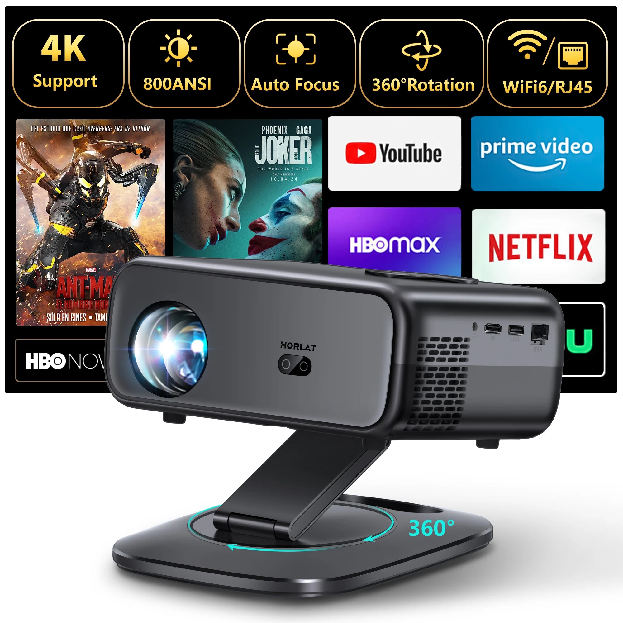 Black projector with streaming platform logos on a white background