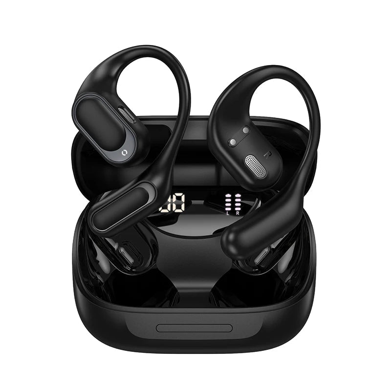 Black wireless Bluetooth earbuds with charging case on a white background, featuring the brand 'hoco'.