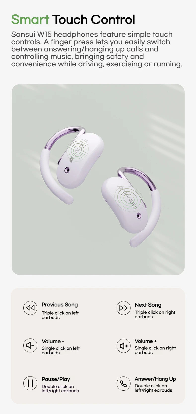 SANSUI W15 Bluetooth Wireless Open Ear Headphones