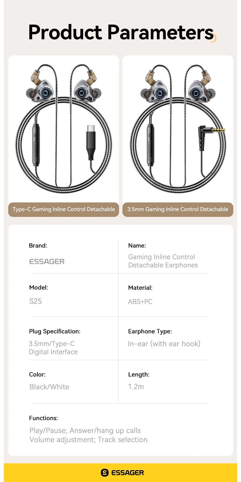 ESSAGER S25 USB-C Detachable Wired Earphones
