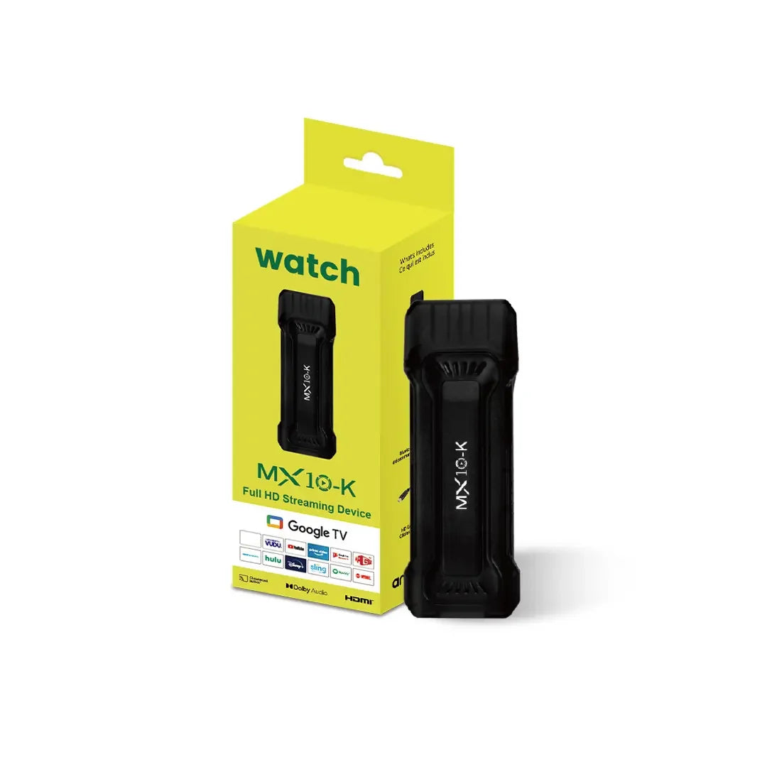 Black streaming device with yellow packaging on a white background